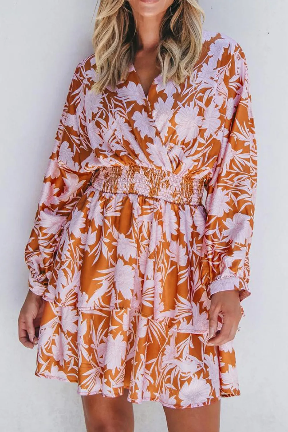 Clearance Dear-Lover Floral Puff Sleeve Smocked Waist Layered Dress Brown