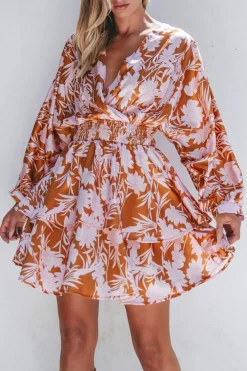 Clearance Dear-Lover Floral Puff Sleeve Smocked Waist Layered Dress Brown