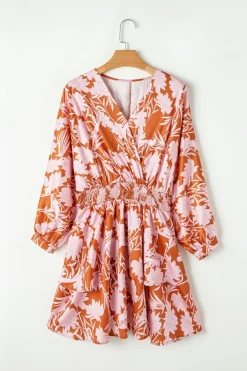 Clearance Dear-Lover Floral Puff Sleeve Smocked Waist Layered Dress Brown