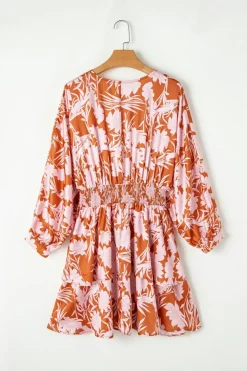 Clearance Dear-Lover Floral Puff Sleeve Smocked Waist Layered Dress Brown