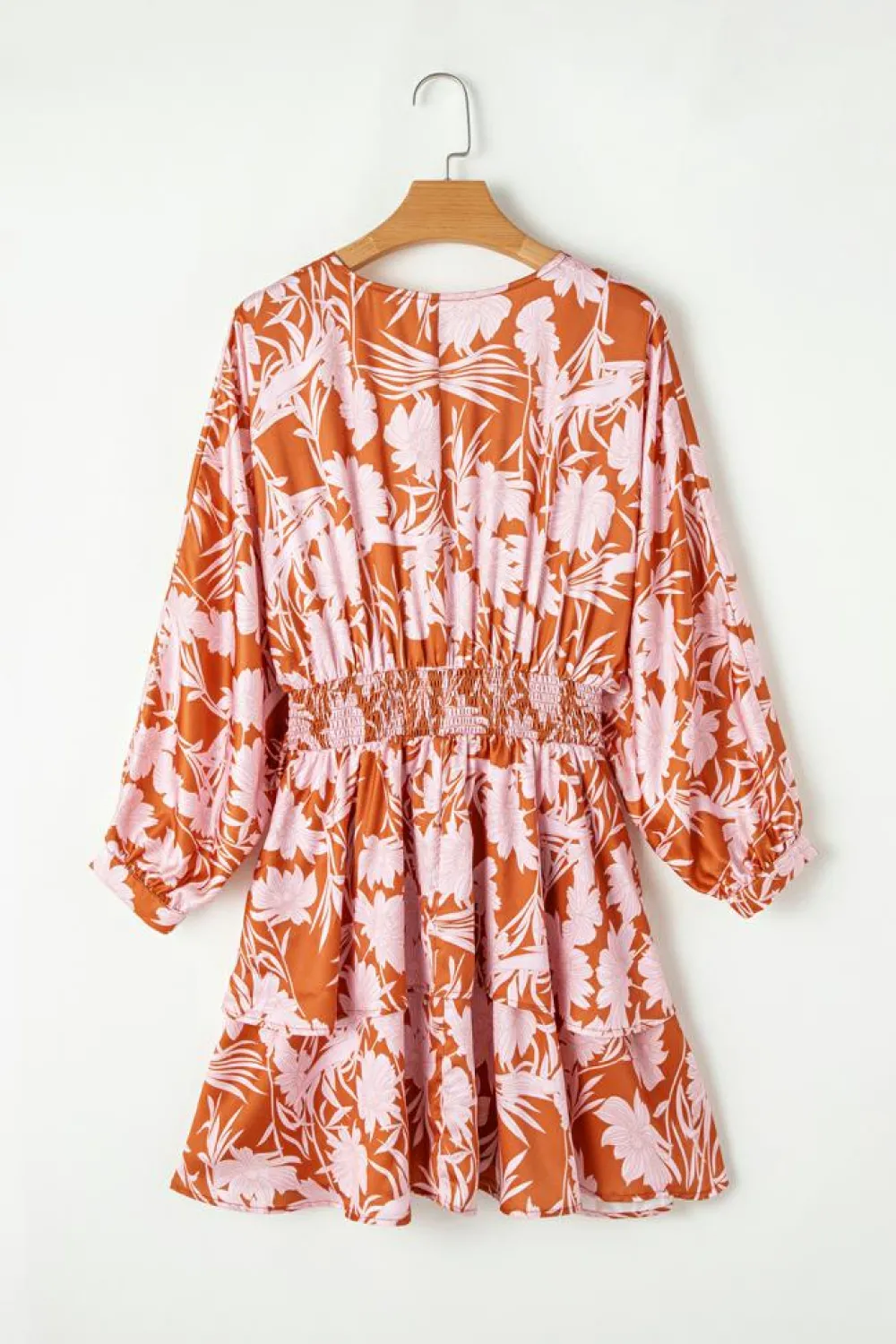 Clearance Dear-Lover Floral Puff Sleeve Smocked Waist Layered Dress Brown