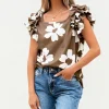 Clearance Dear-Lover Floral Textured Ruffled Short Sleeve Square Neck Blouse Brown