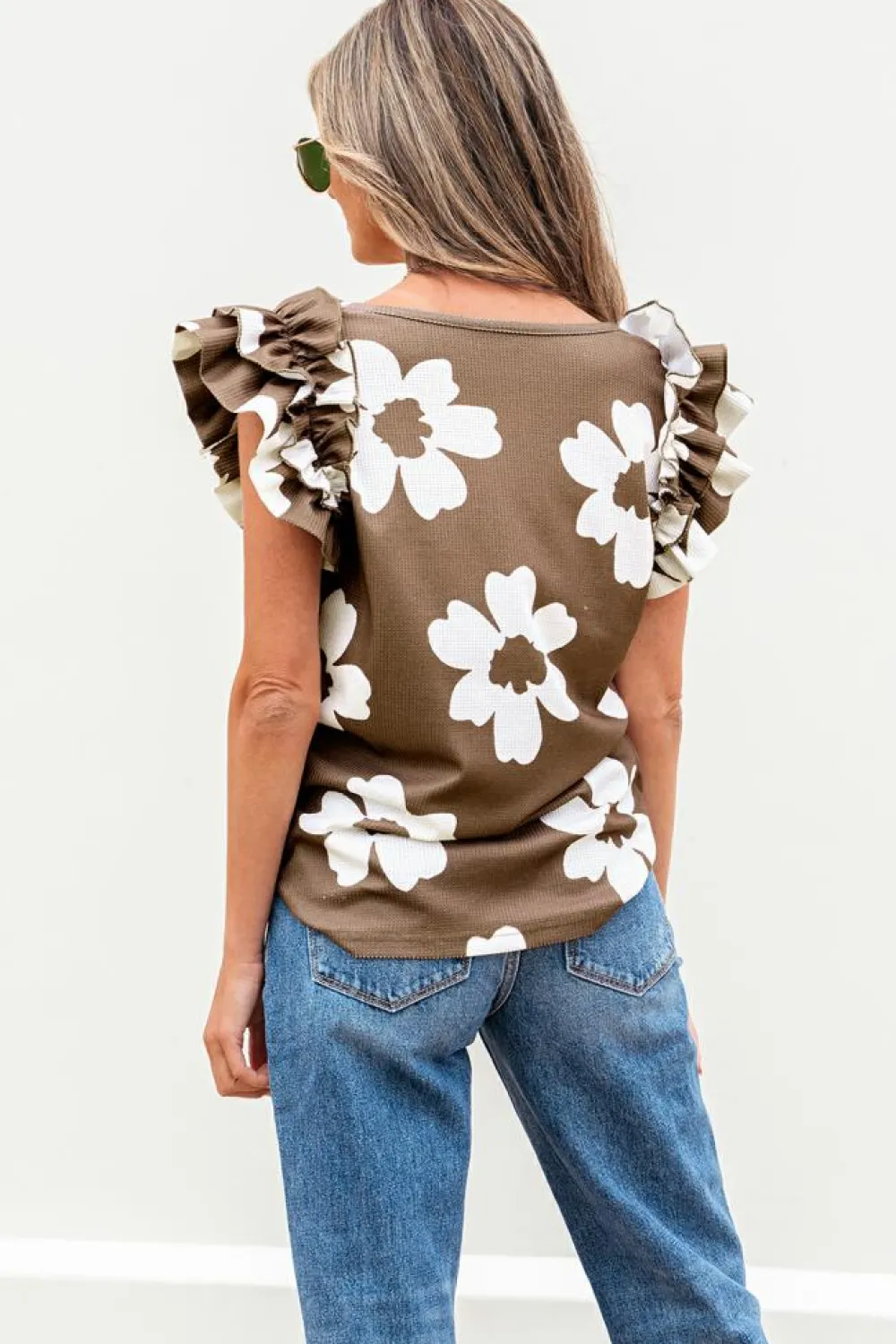 Clearance Dear-Lover Floral Textured Ruffled Short Sleeve Square Neck Blouse Brown