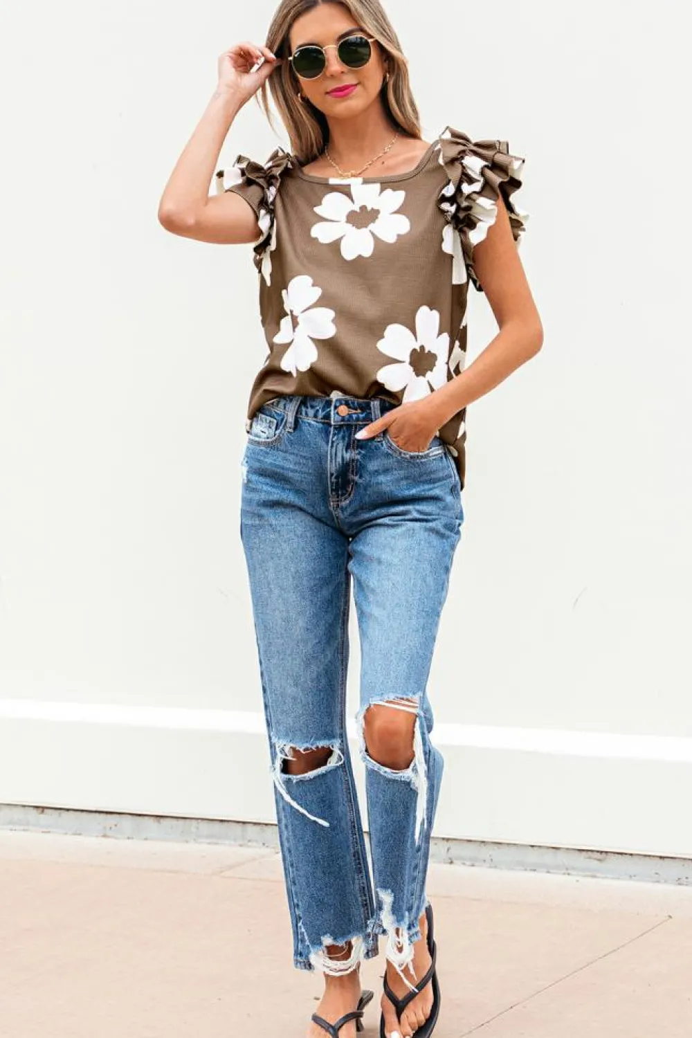 Clearance Dear-Lover Floral Textured Ruffled Short Sleeve Square Neck Blouse Brown