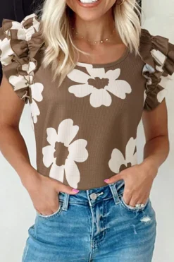 Clearance Dear-Lover Floral Textured Ruffled Short Sleeve Square Neck Blouse Brown