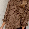 Clearance Dear-Lover Frilled Neck 3/4 Sleeves Cheetah Blouse Brown