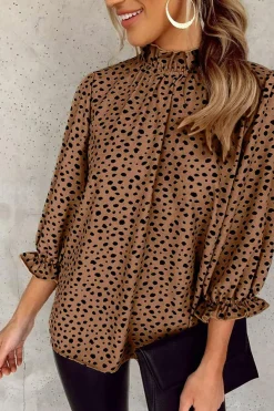 Clearance Dear-Lover Frilled Neck 3/4 Sleeves Cheetah Blouse Brown