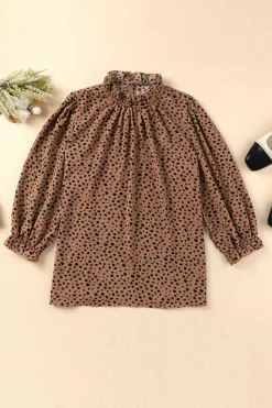 Clearance Dear-Lover Frilled Neck 3/4 Sleeves Cheetah Blouse Brown