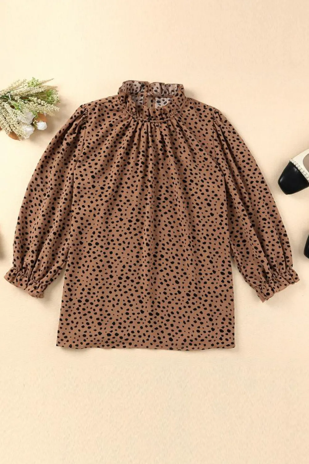 Clearance Dear-Lover Frilled Neck 3/4 Sleeves Cheetah Blouse Brown