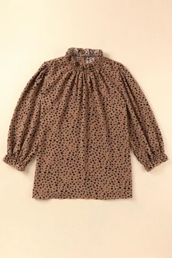 Clearance Dear-Lover Frilled Neck 3/4 Sleeves Cheetah Blouse Brown