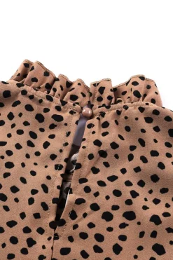 Clearance Dear-Lover Frilled Neck 3/4 Sleeves Cheetah Blouse Brown