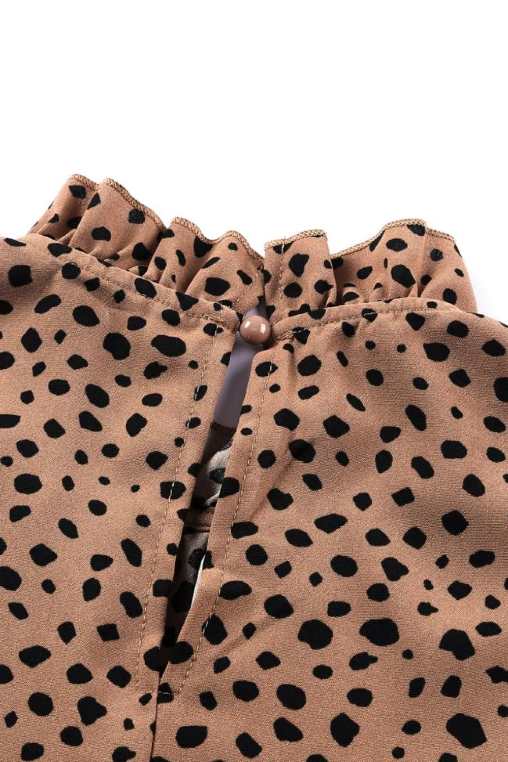Clearance Dear-Lover Frilled Neck 3/4 Sleeves Cheetah Blouse Brown