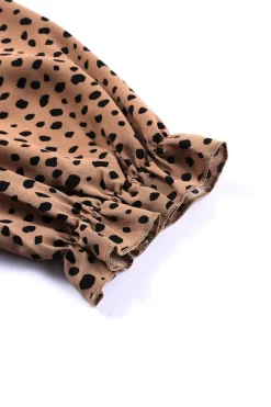 Clearance Dear-Lover Frilled Neck 3/4 Sleeves Cheetah Blouse Brown