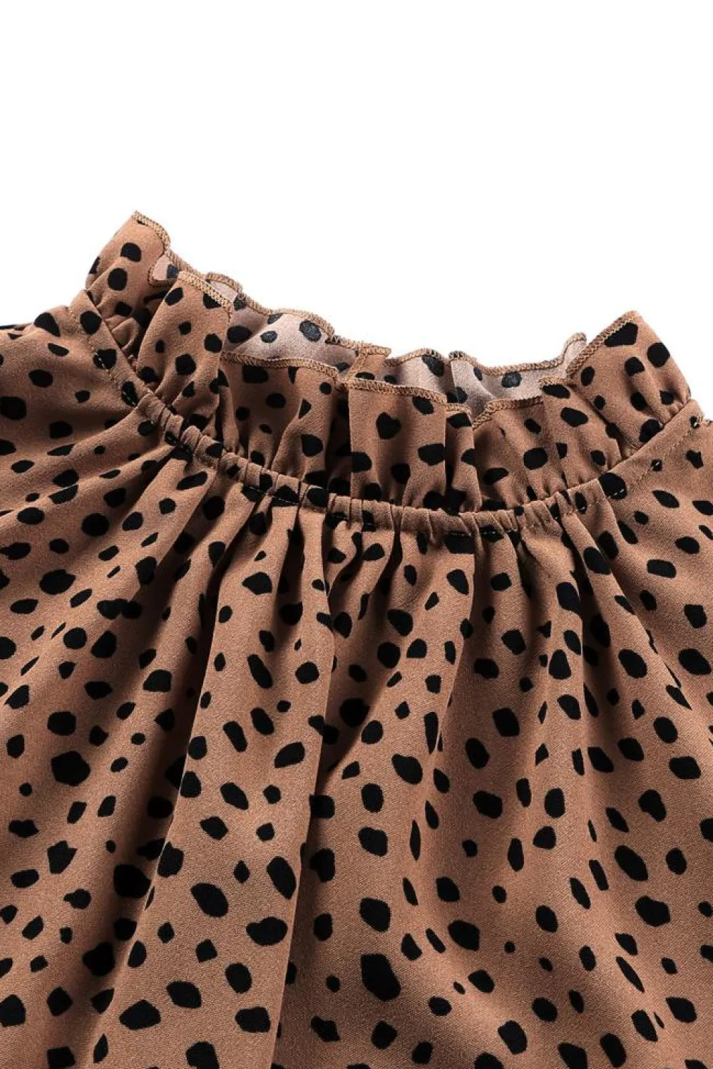 Clearance Dear-Lover Frilled Neck 3/4 Sleeves Cheetah Blouse Brown