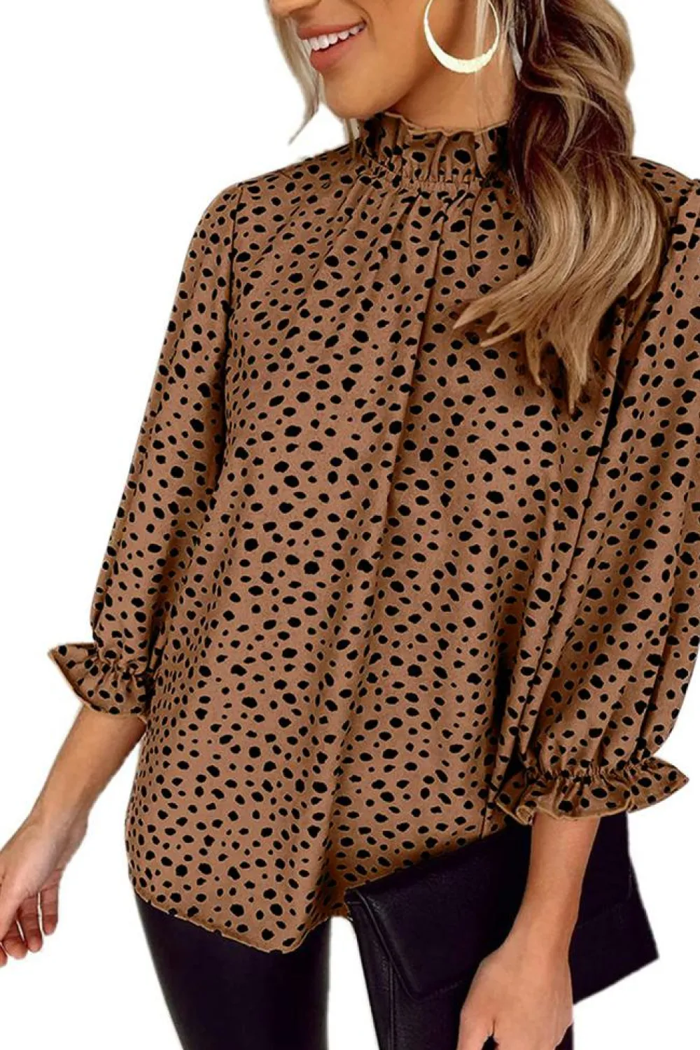 Clearance Dear-Lover Frilled Neck 3/4 Sleeves Cheetah Blouse Brown