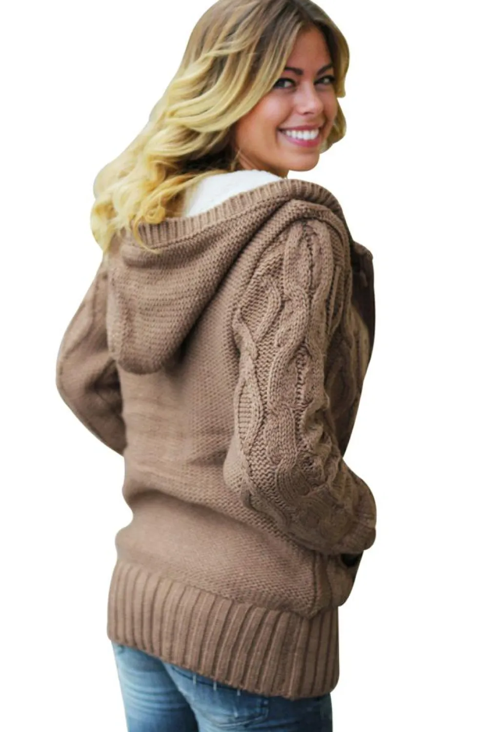 Best Dear-Lover Brown Fur Hood Horn Button Sweater Cardigan Khaki