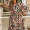 Sale Dear-Lover Geometric Print Long Sleeve Surplice Flowy Dress Brown