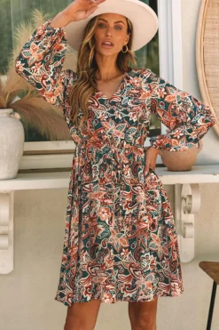 Sale Dear-Lover Geometric Print Long Sleeve Surplice Flowy Dress Brown
