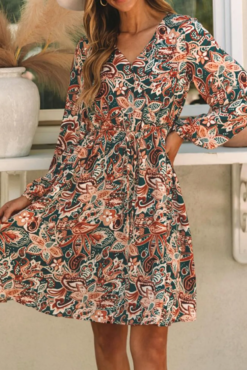 Sale Dear-Lover Geometric Print Long Sleeve Surplice Flowy Dress Brown