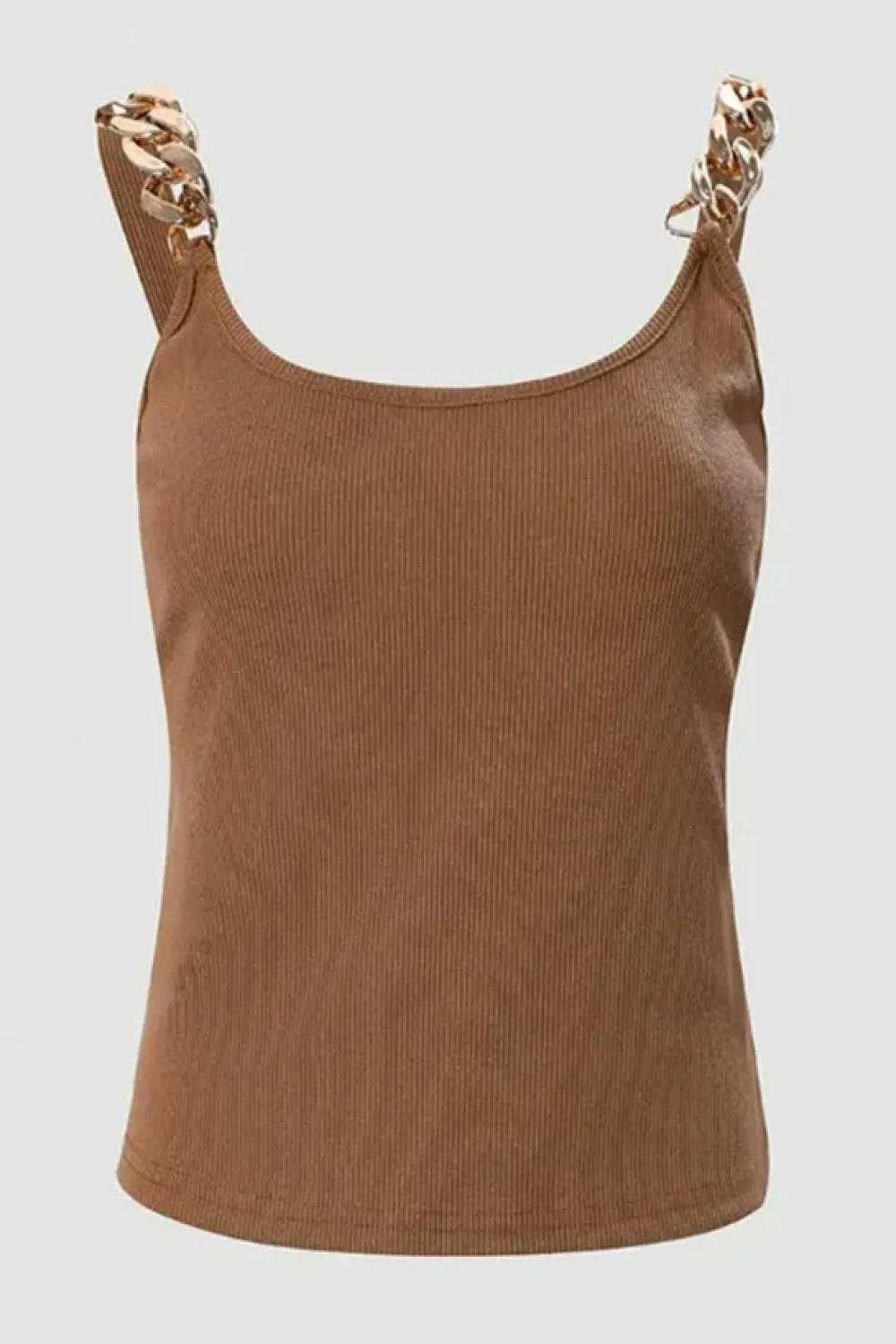Fashion Dear-Lover Gold Chain Straps Rib Knit Tank Top Brown
