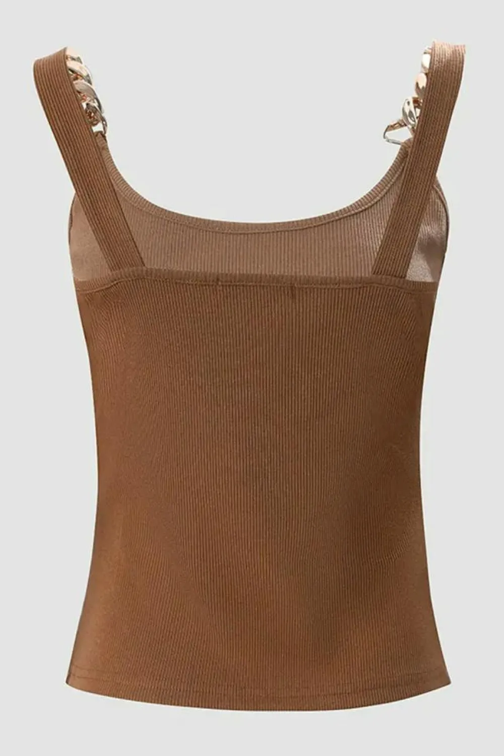 Fashion Dear-Lover Gold Chain Straps Rib Knit Tank Top Brown