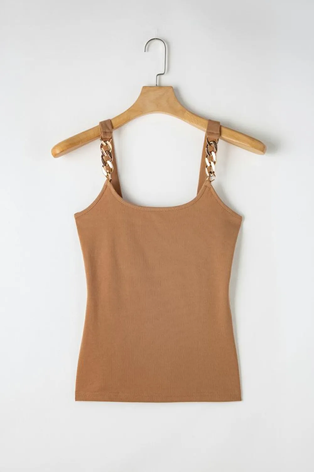 Fashion Dear-Lover Gold Chain Straps Rib Knit Tank Top Brown