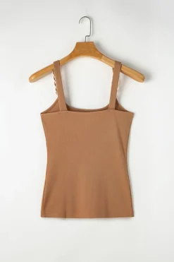 Fashion Dear-Lover Gold Chain Straps Rib Knit Tank Top Brown