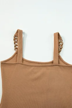 Fashion Dear-Lover Gold Chain Straps Rib Knit Tank Top Brown