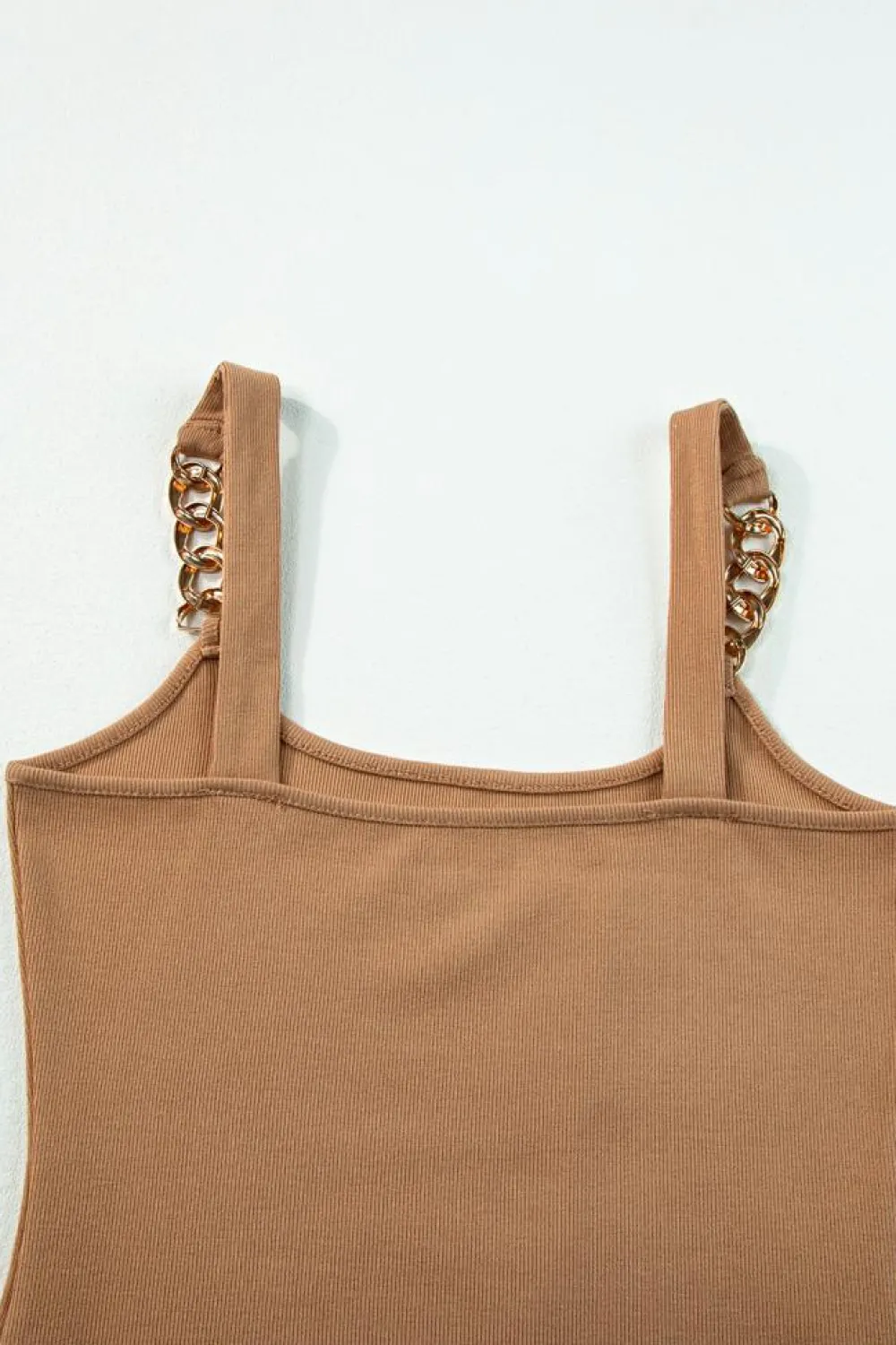 Fashion Dear-Lover Gold Chain Straps Rib Knit Tank Top Brown
