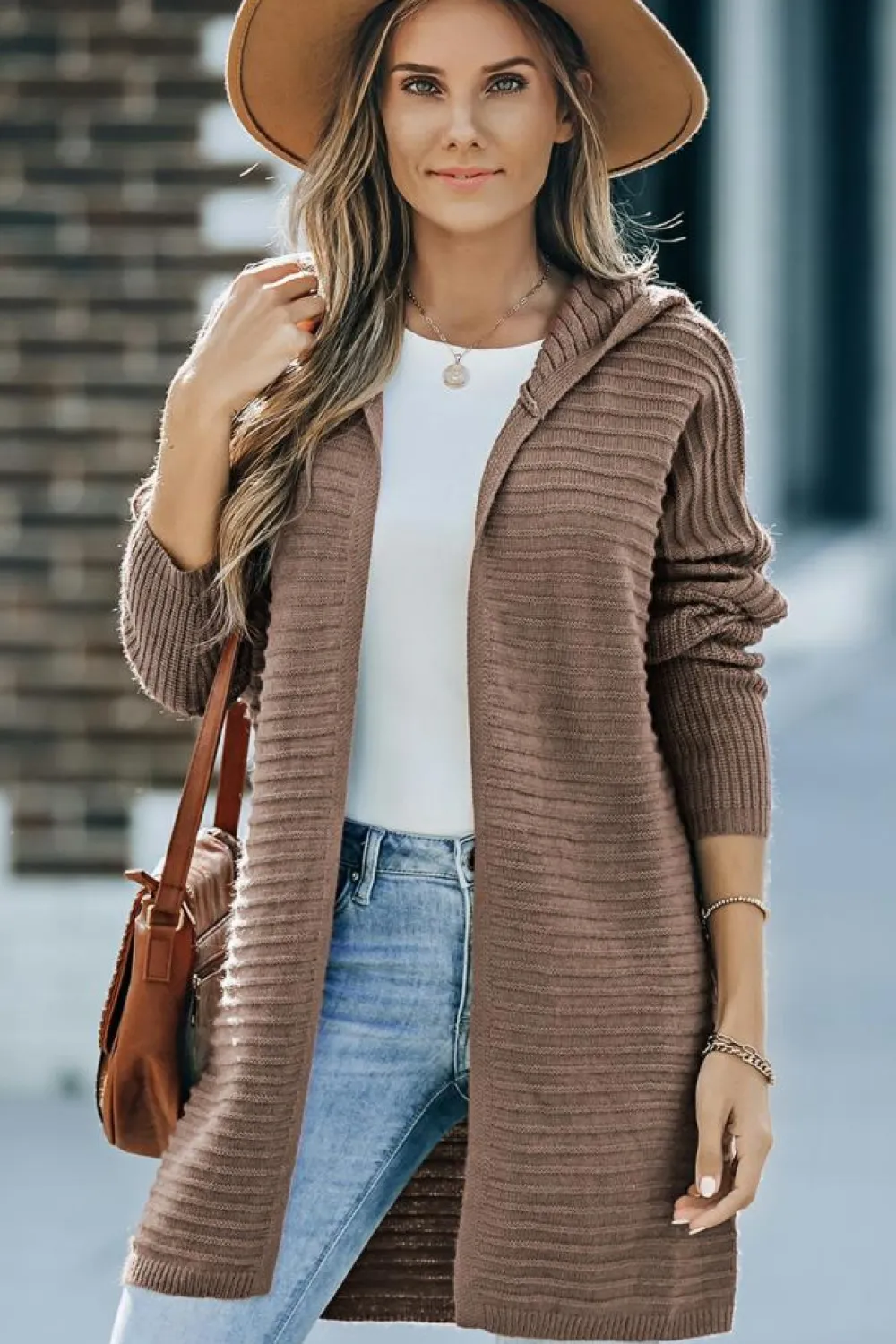Fashion Dear-Lover Horizontal Rib Knitted Open Front Hooded Cardigan Brown