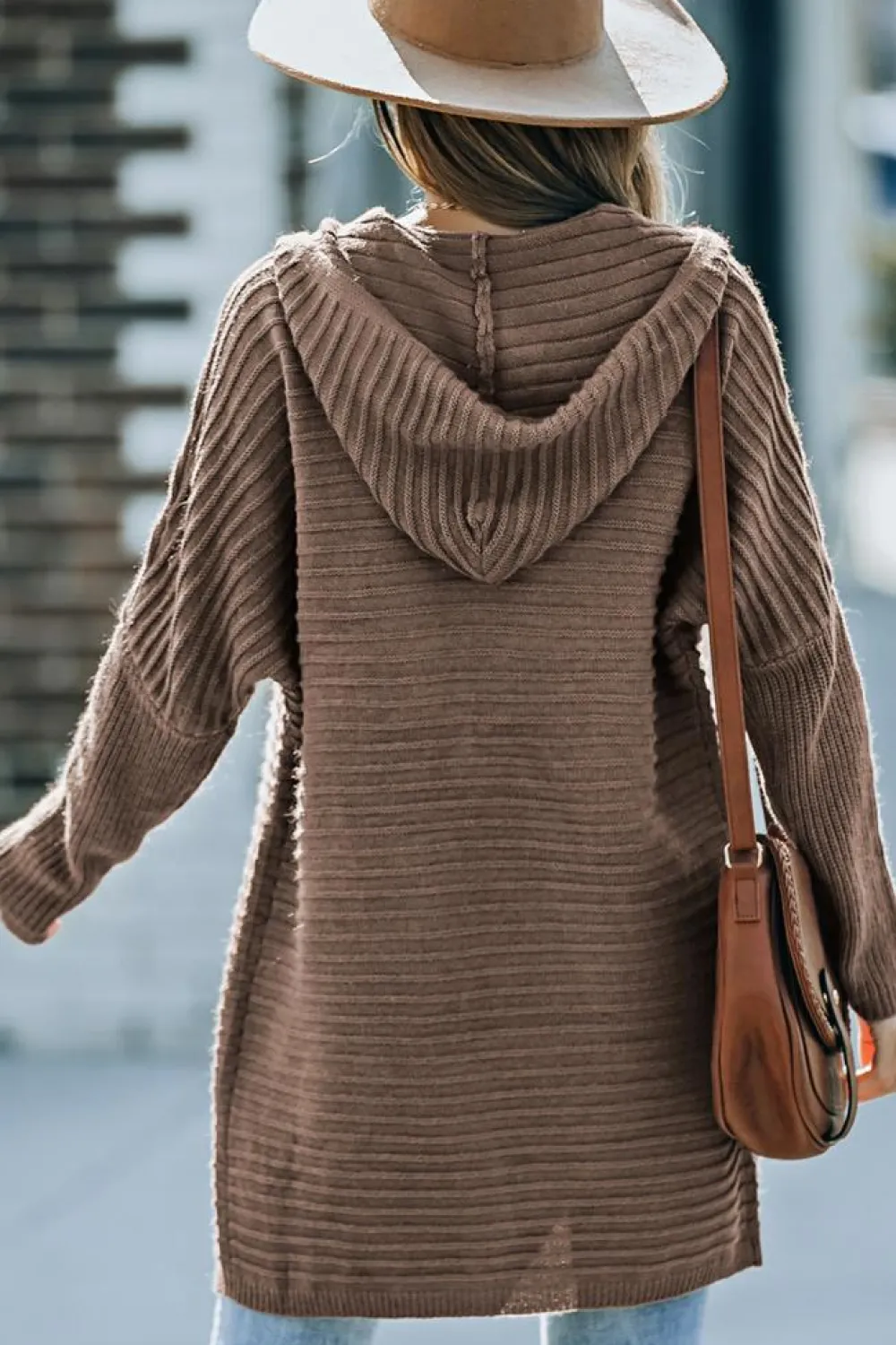 Fashion Dear-Lover Horizontal Rib Knitted Open Front Hooded Cardigan Brown