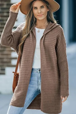 Fashion Dear-Lover Horizontal Rib Knitted Open Front Hooded Cardigan Brown