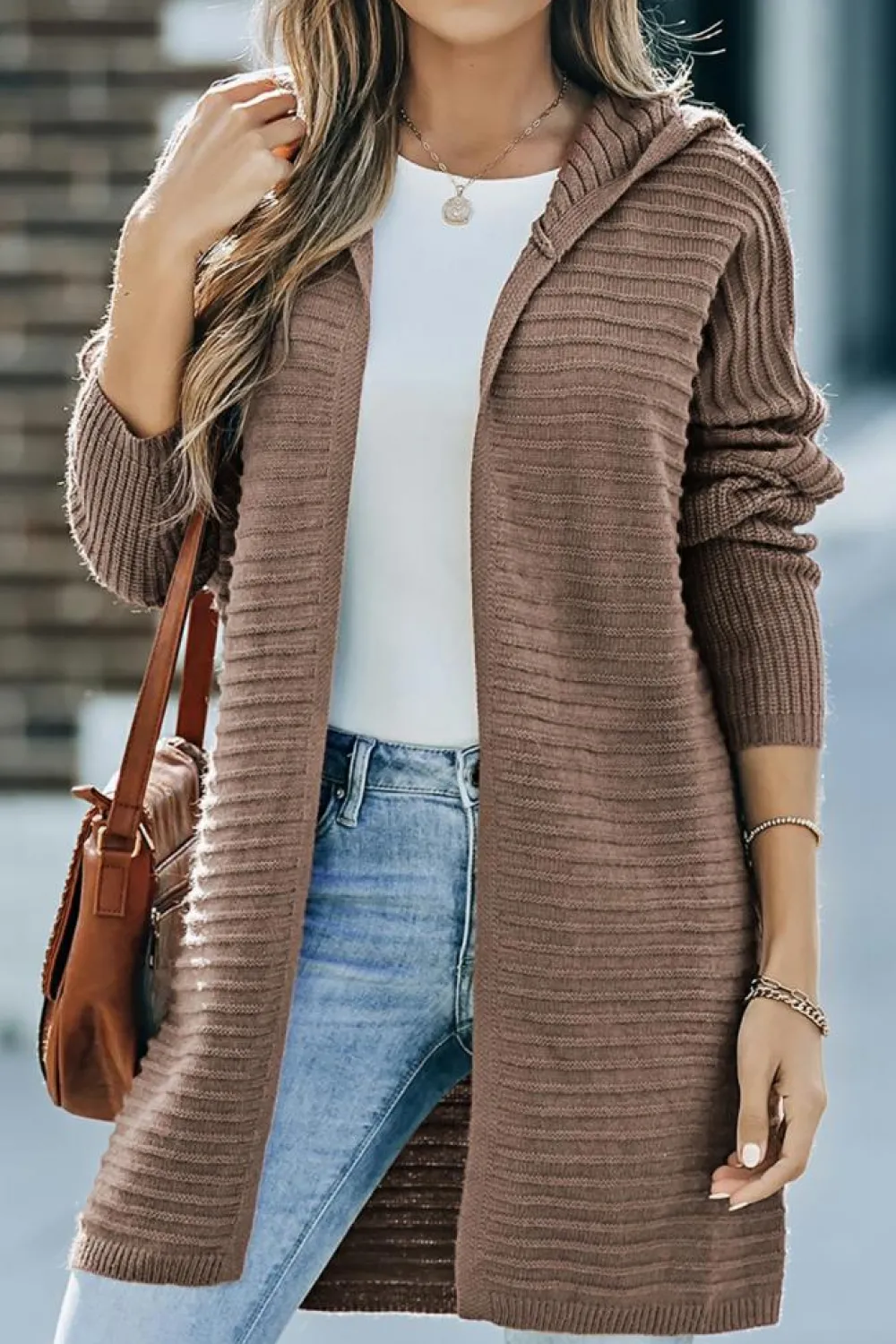 Fashion Dear-Lover Horizontal Rib Knitted Open Front Hooded Cardigan Brown