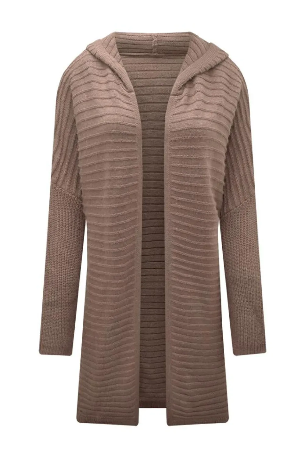 Fashion Dear-Lover Horizontal Rib Knitted Open Front Hooded Cardigan Brown