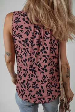 Best Dear-Lover Leaf Print Lace-up V Neck Crinckled Tank Top Brown