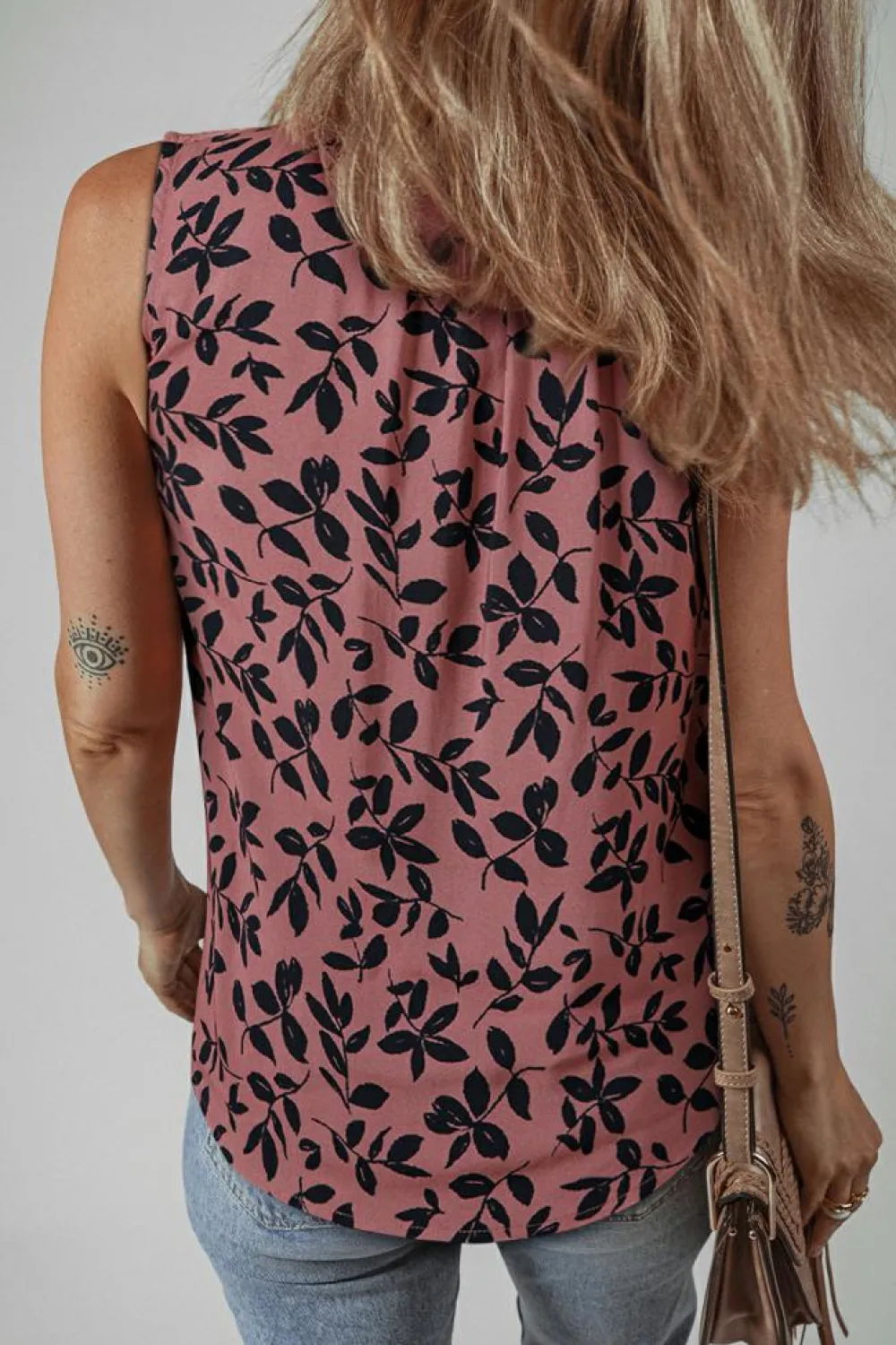 Best Dear-Lover Leaf Print Lace-up V Neck Crinckled Tank Top Brown