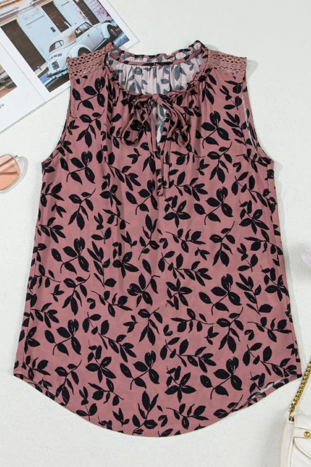 Best Dear-Lover Leaf Print Lace-up V Neck Crinckled Tank Top Brown