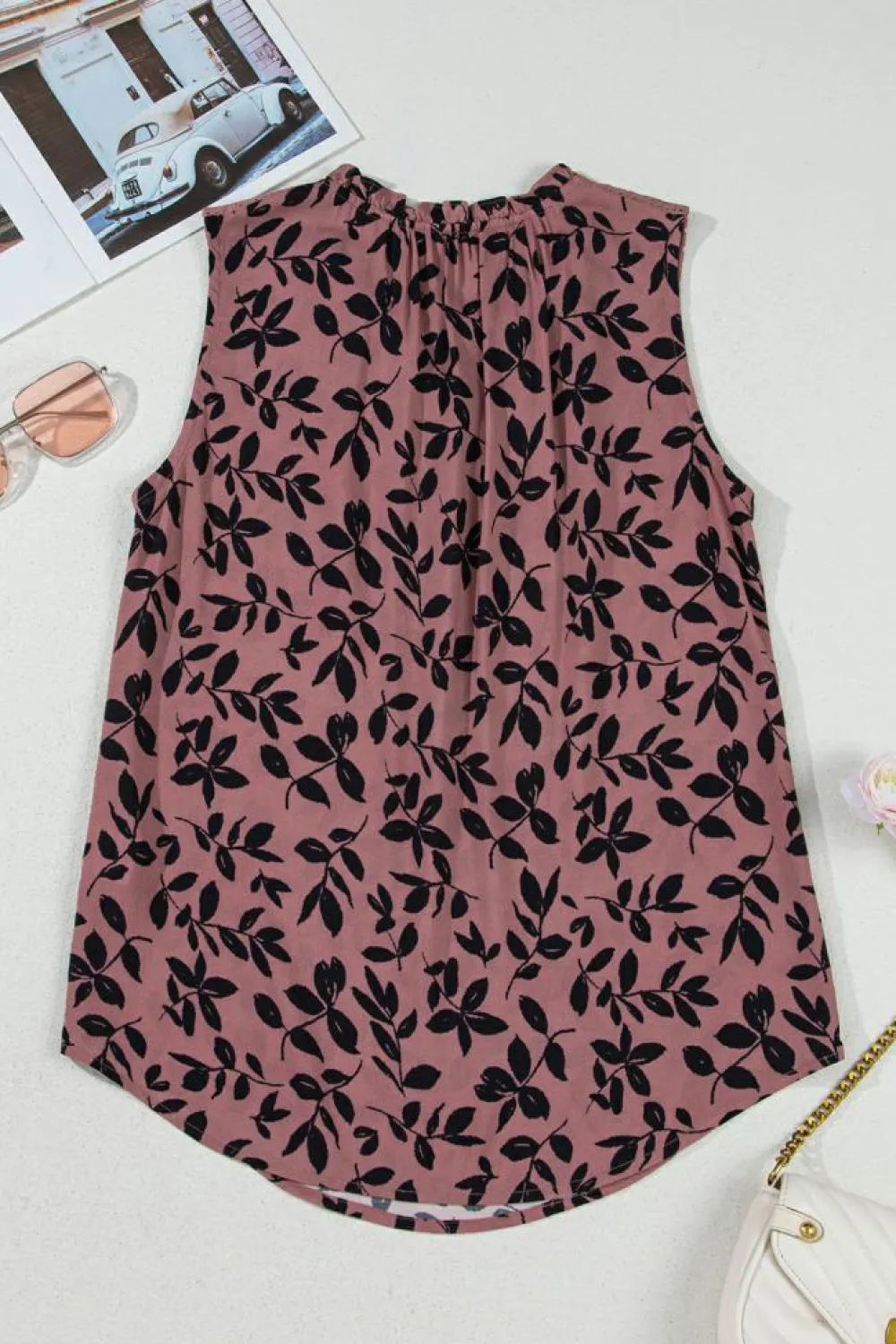 Best Dear-Lover Leaf Print Lace-up V Neck Crinckled Tank Top Brown