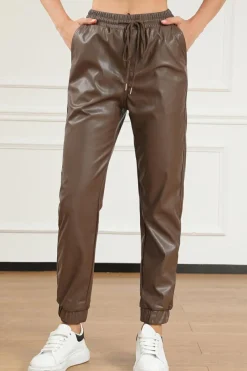 Hot Dear-Lover Leather Tie Waist Jogger Pants Brown