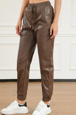 Hot Dear-Lover Leather Tie Waist Jogger Pants Brown