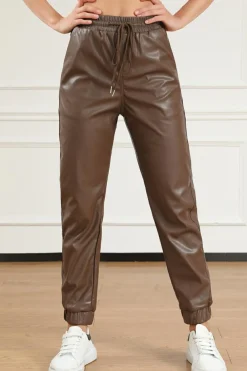 Hot Dear-Lover Leather Tie Waist Jogger Pants Brown