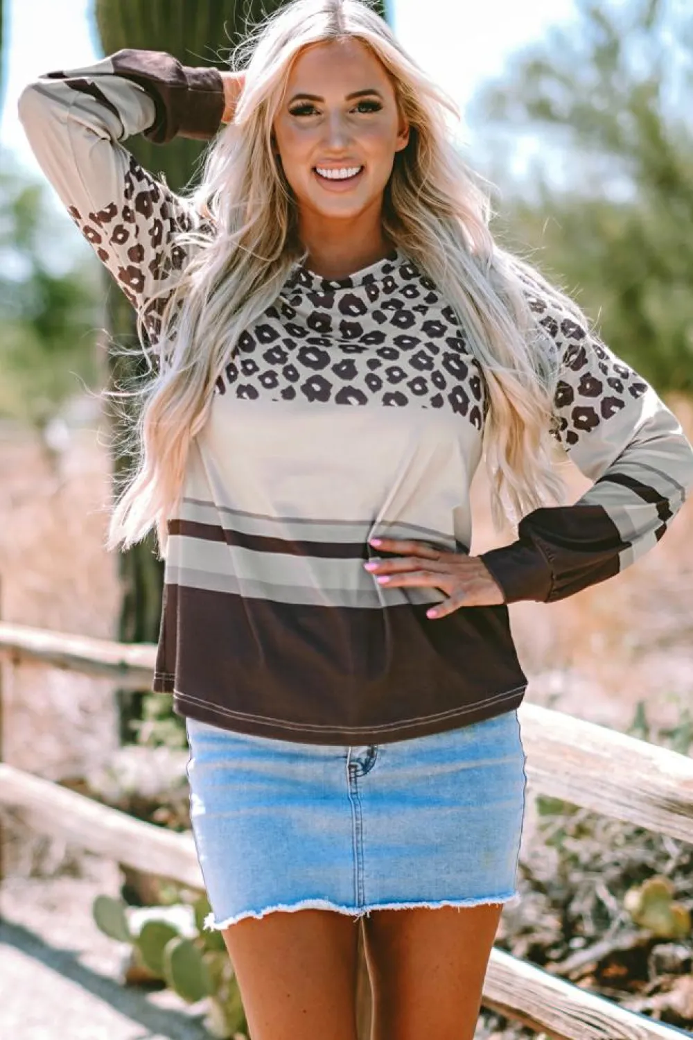 New Dear-Lover Leopard Color Block Crewneck Long Sleeve Top Brown