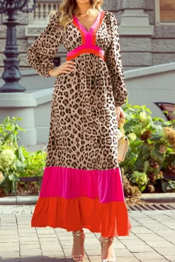 New Dear-Lover Leopard Color Block V Neck Loose Fit Maxi Dress Brown