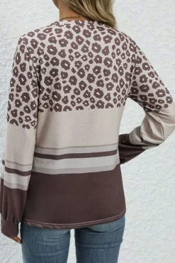 New Dear-Lover Leopard Color Block Crewneck Long Sleeve Top Brown