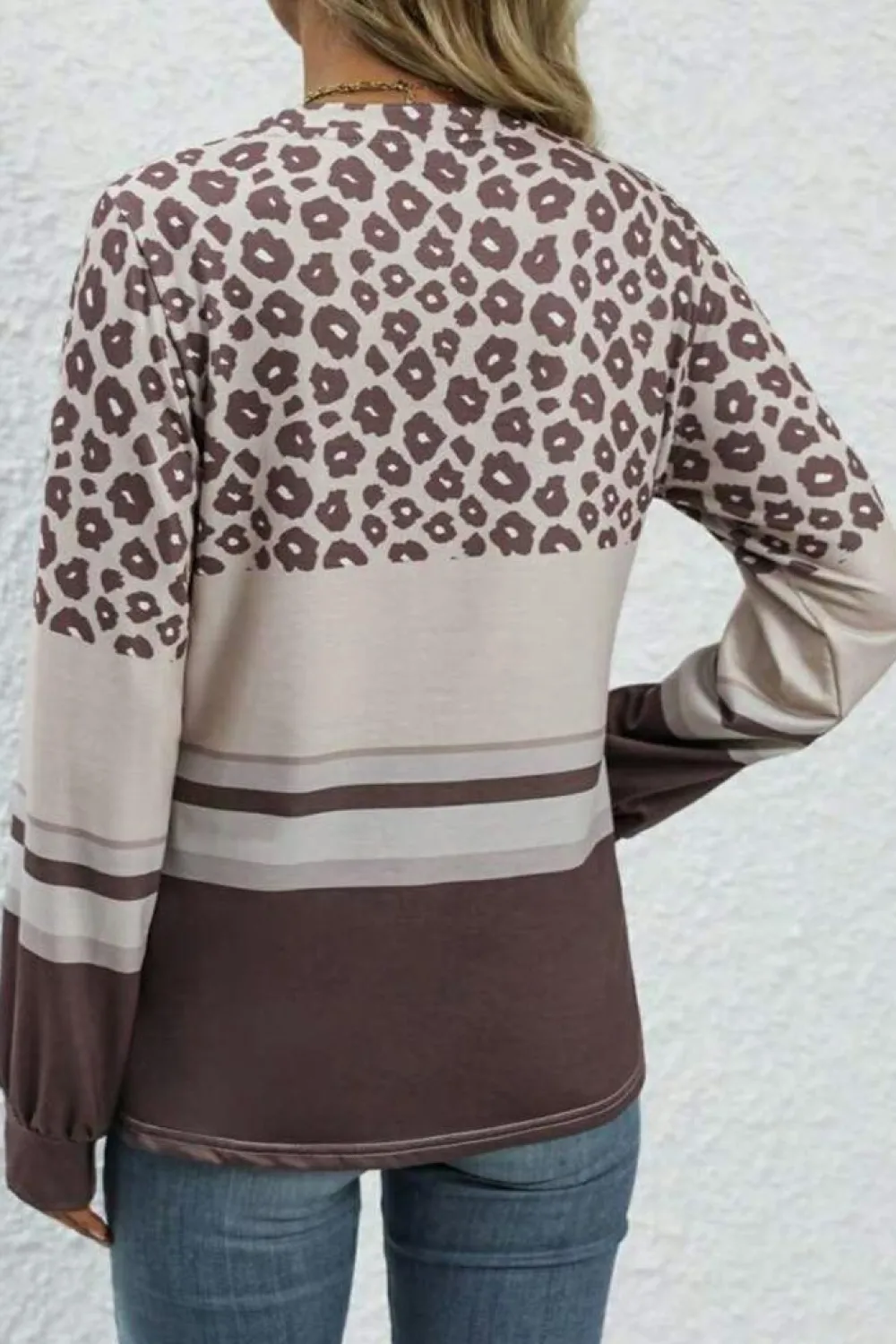 New Dear-Lover Leopard Color Block Crewneck Long Sleeve Top Brown