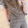 Best Dear-Lover Leopard Half Zipper Collared Ruffled Sleeve Top and Short Set Brown