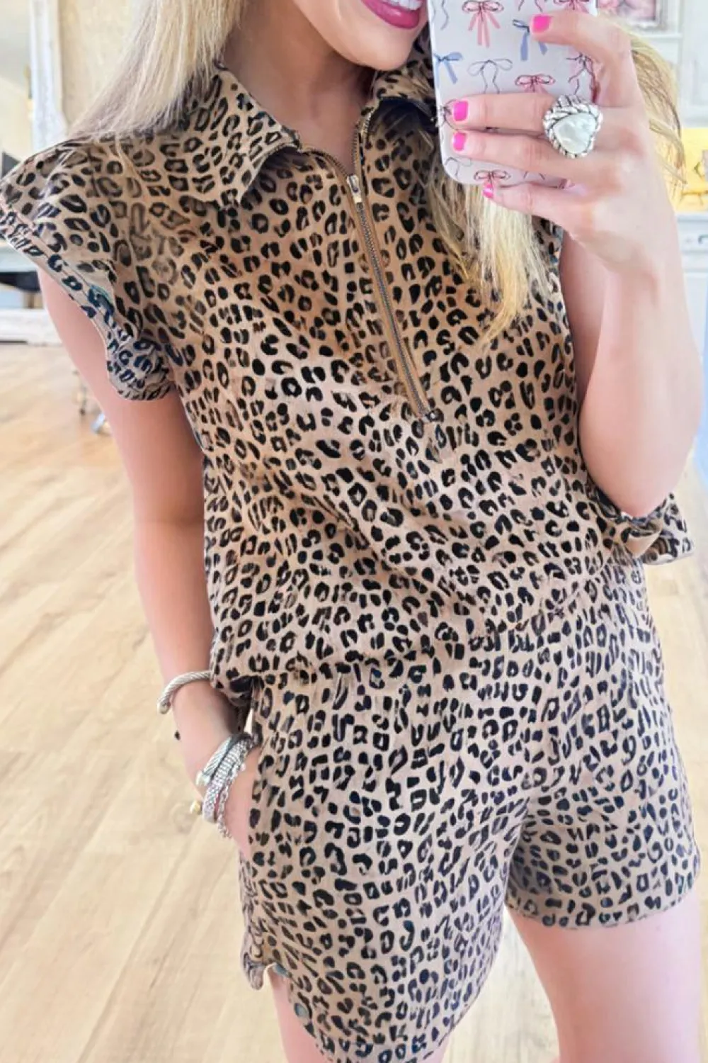 Best Dear-Lover Leopard Half Zipper Collared Ruffled Sleeve Top and Short Set Brown