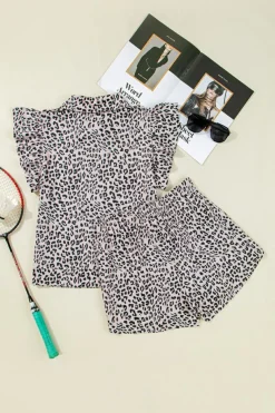 Best Dear-Lover Leopard Half Zipper Collared Ruffled Sleeve Top and Short Set Brown