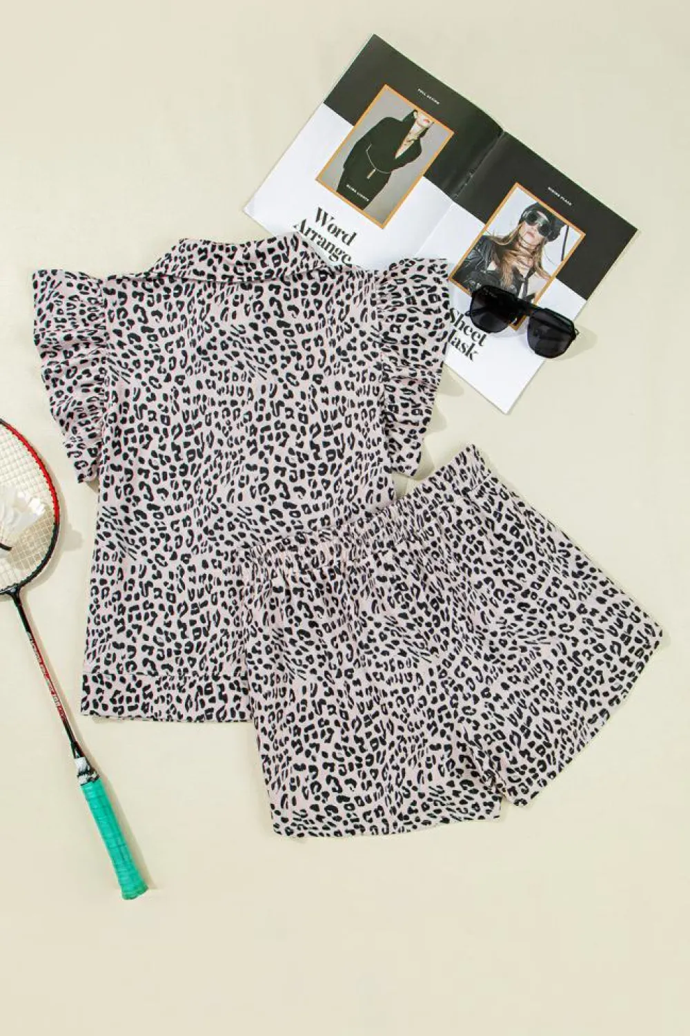 Best Dear-Lover Leopard Half Zipper Collared Ruffled Sleeve Top and Short Set Brown