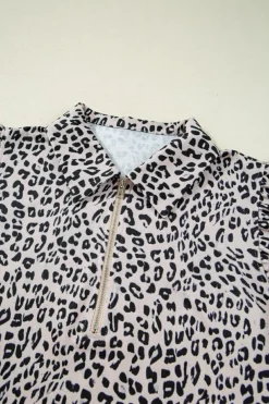 Best Dear-Lover Leopard Half Zipper Collared Ruffled Sleeve Top and Short Set Brown